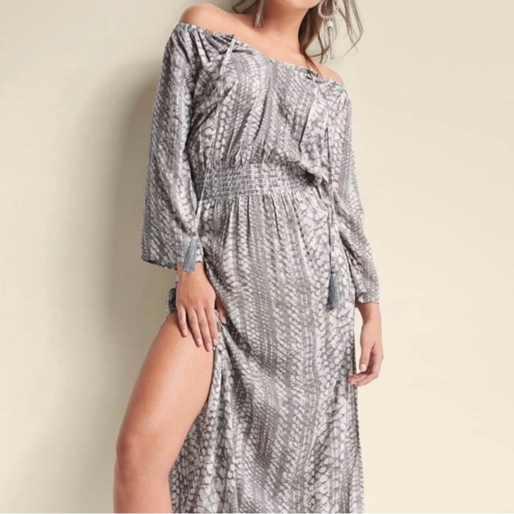 Gray Snake Print Off-Shoulder Dress